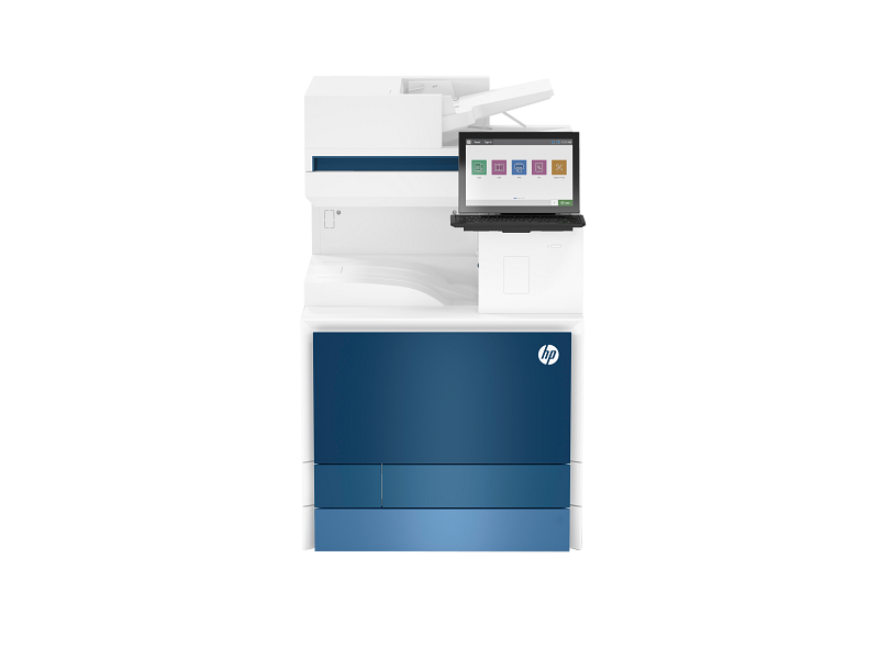 HP Color LaserJet Managed MFP E877 Desktop Config Printer- front view- with keyboard and ISA (5QK39A)_M1861057